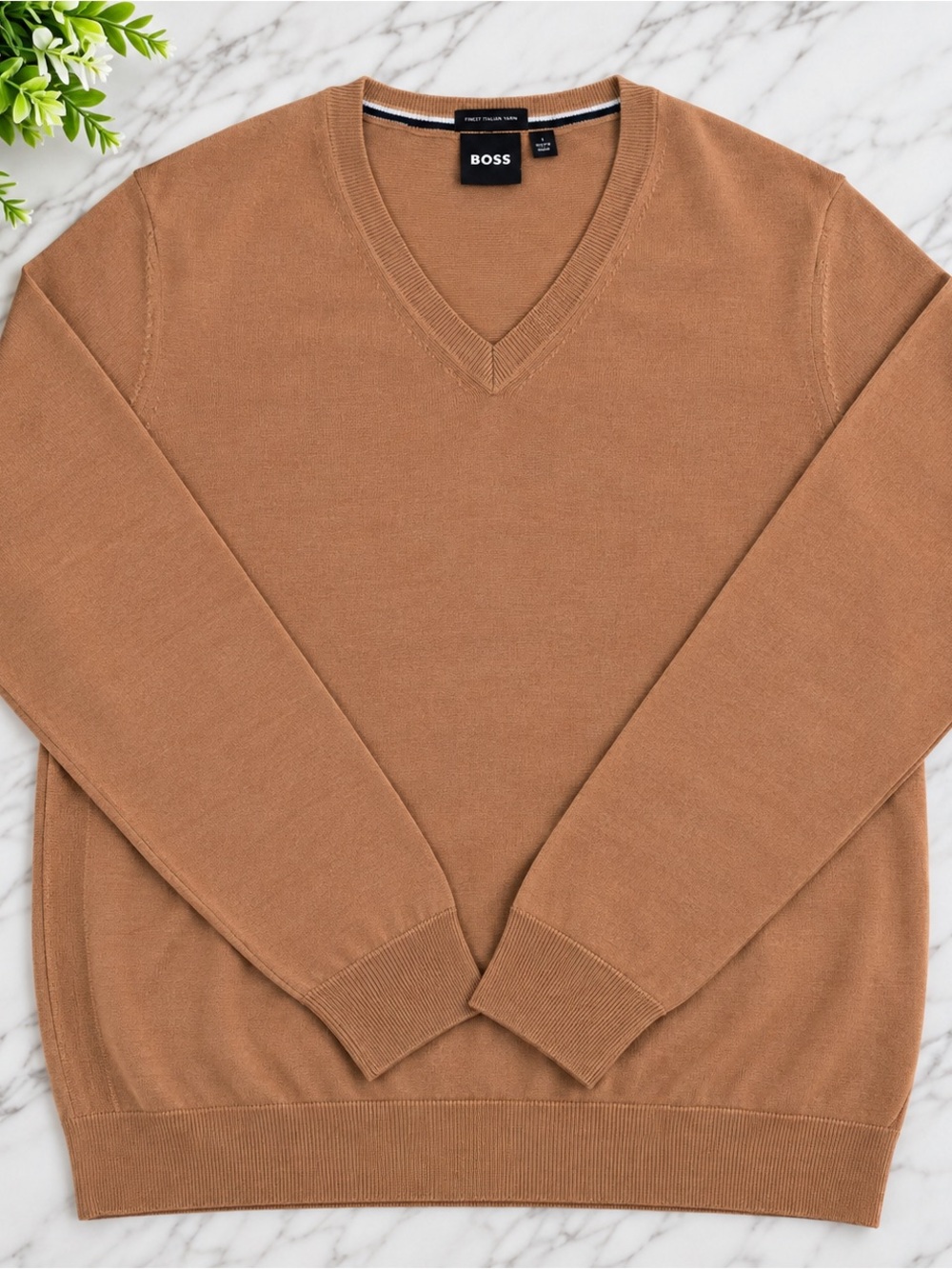 BOSS Men’s Extra Fine Merino Wool V-Neck Sweater Camel Beige - Medium